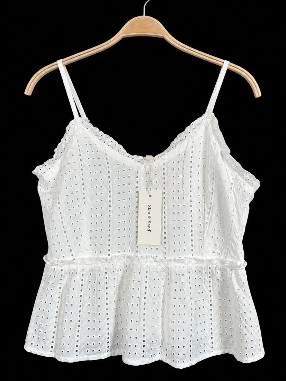 Sim & Sam Eyelet Peplum Camisole Top Womens L White Boho Smocked Sleeveless